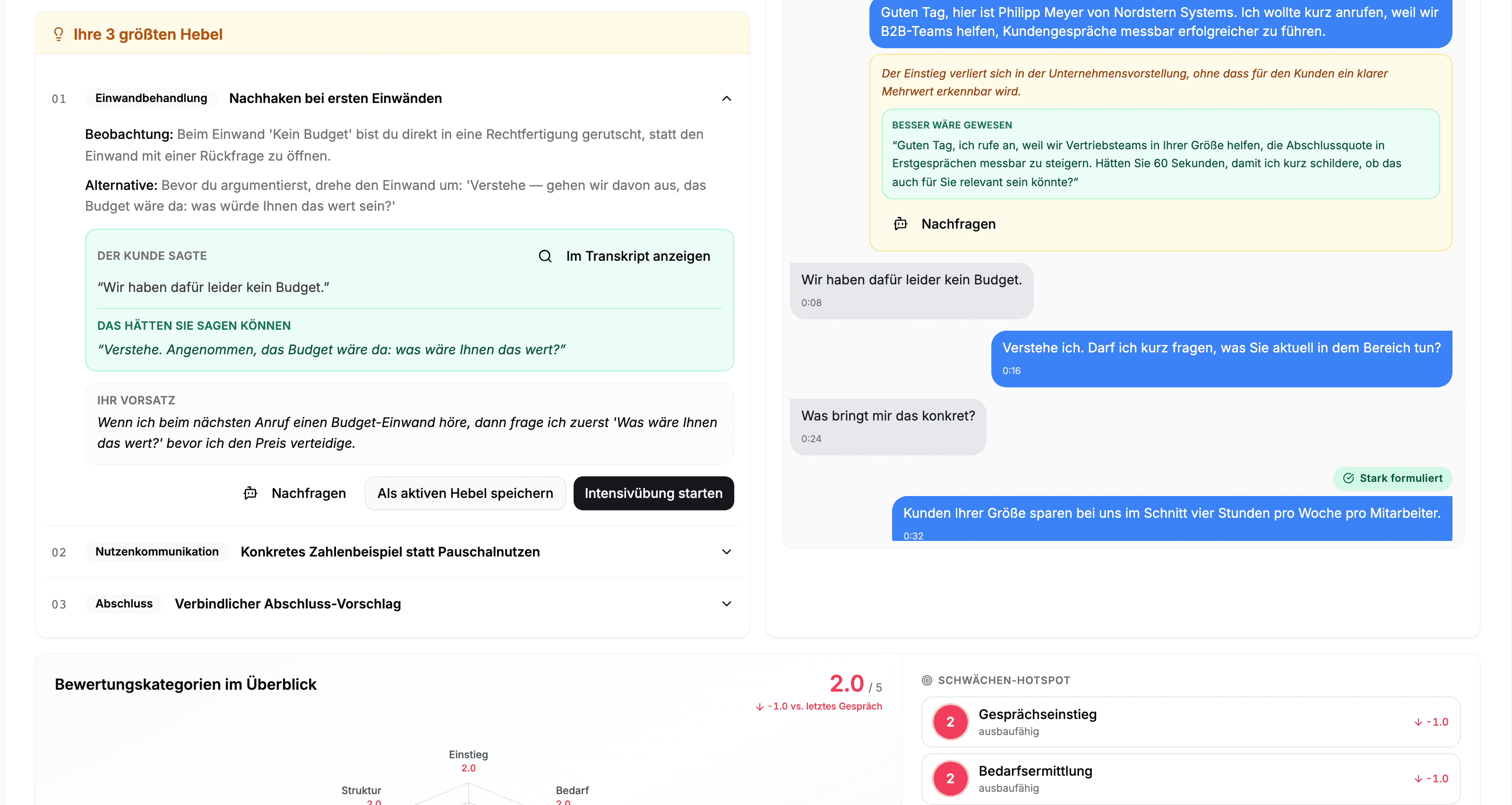 Adaptive Coaching-Ansicht mit Intensivübung und speicherbarem Erfolgshebel