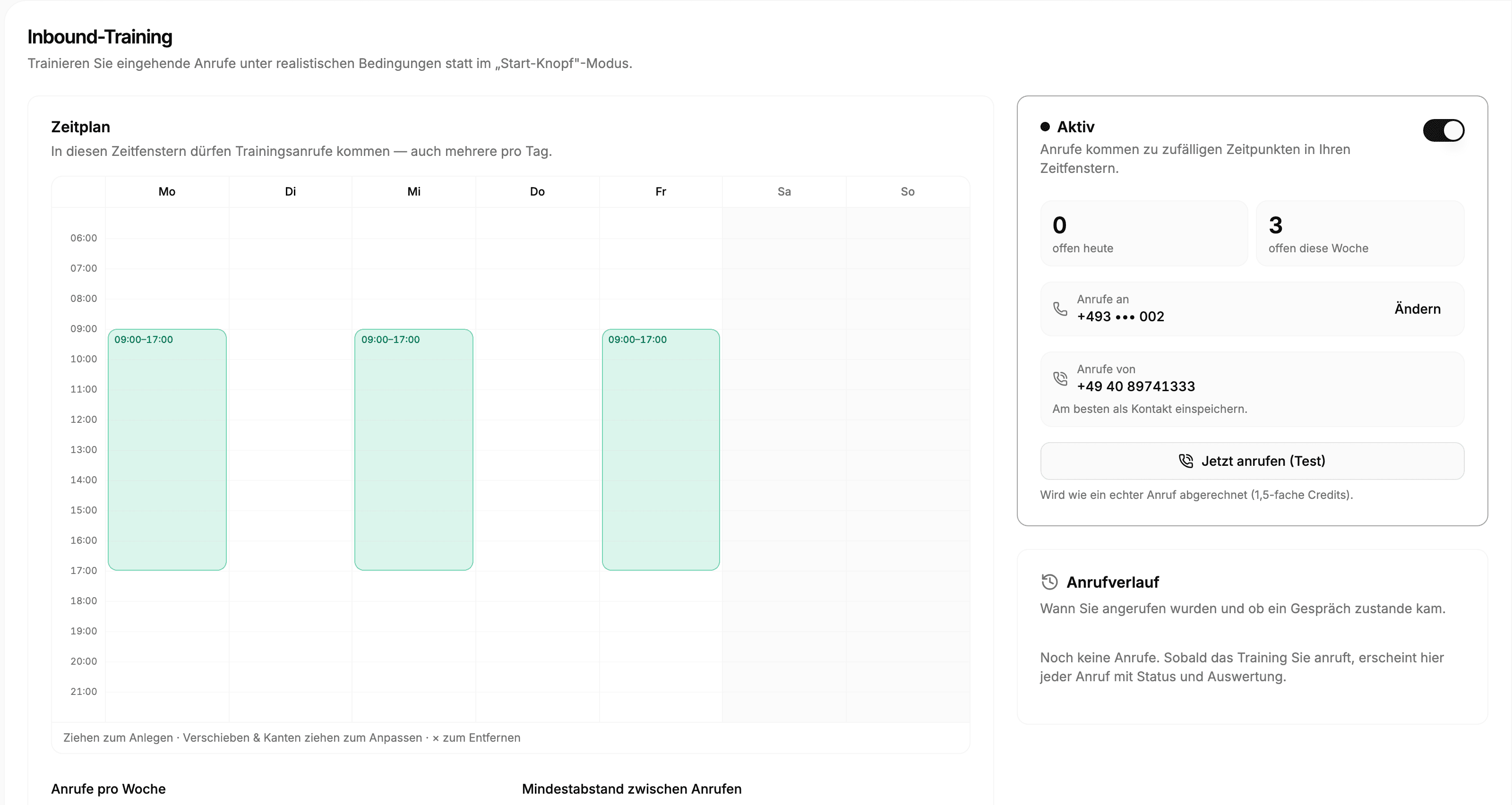 Inbound-Training mit Wochenkalender, Zeitfenstern und Anrufstatus