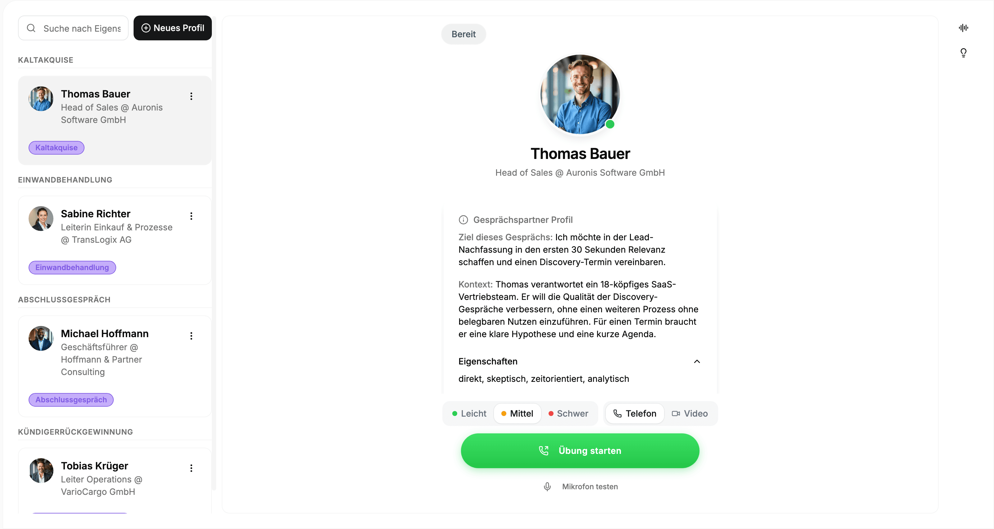 Ausgehendes Vertriebs AI Training mit KI-Persona Thomas Bauer