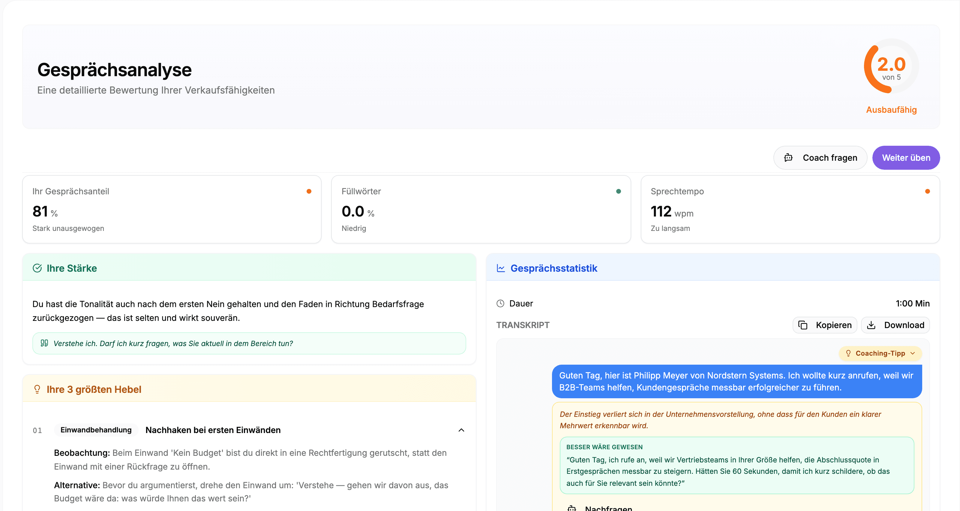 Gesprächsanalyse mit Bewertung, Kennzahlen und den drei größten Erfolgshebeln