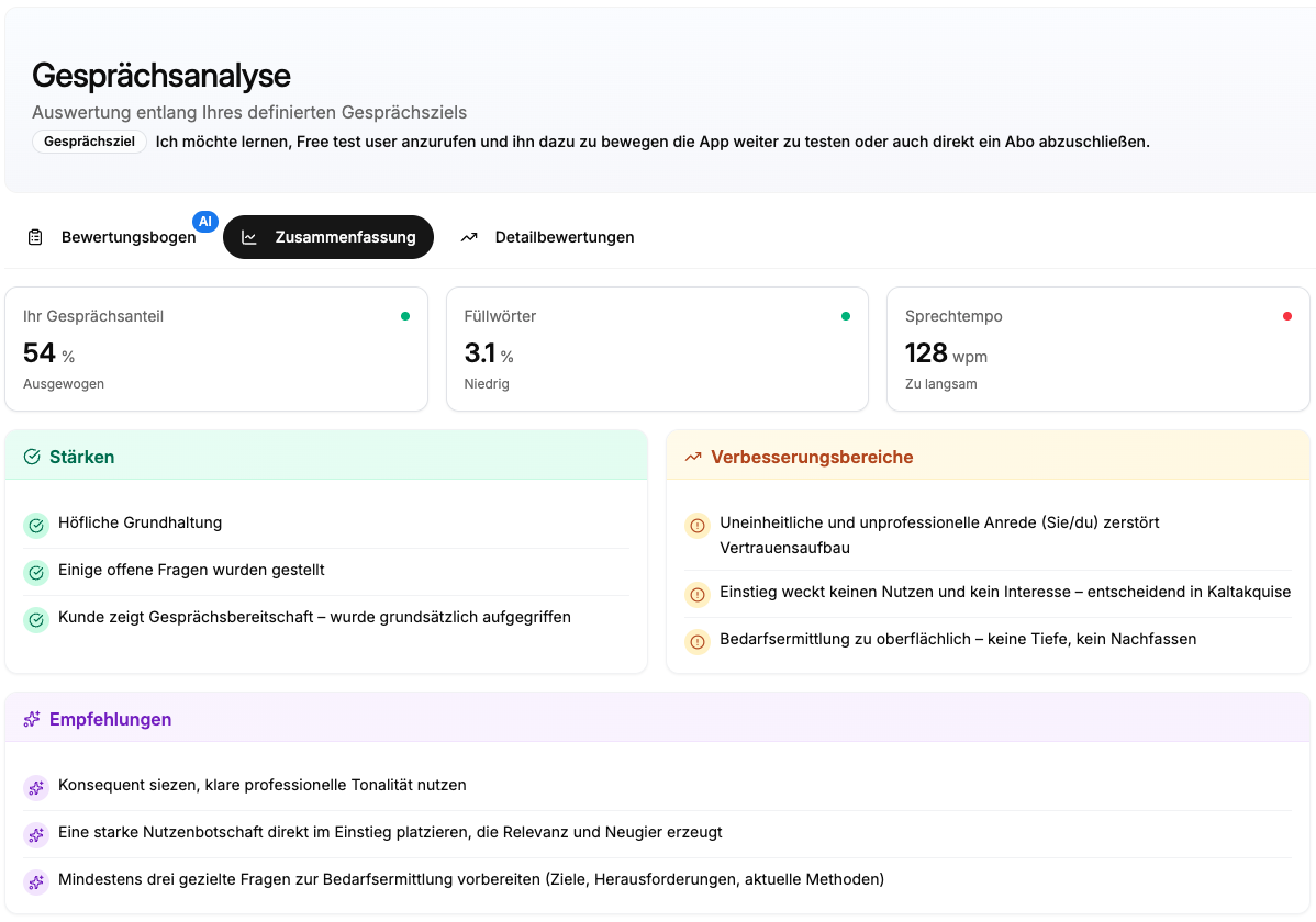 Screenshot: Jedes Gespräch kriegt Feedback — automatisch